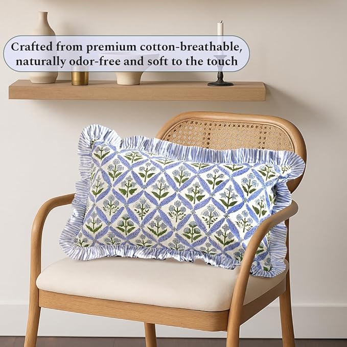 Ridhi Light Steel Blue 100% Cotton Block Print Ruffle Lumbar Sham Cover - Image 5