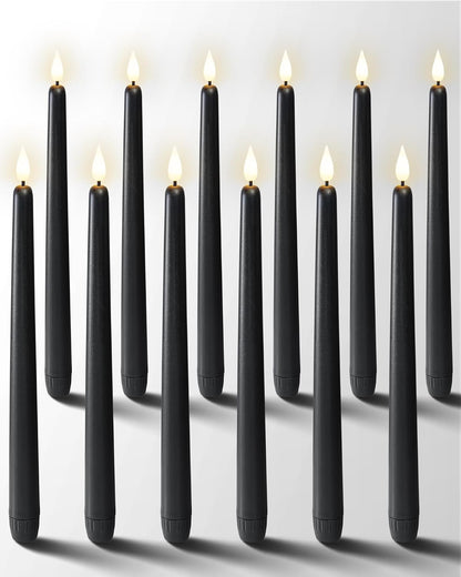 Homemory 12 Pcs Black Flameless Taper Candles Flickering, NO Remote, 11 Inches Taper Candles Battery Operated, Realistic Electric LED Candlesticks Made of Plastic for Halloween Party Home Decor