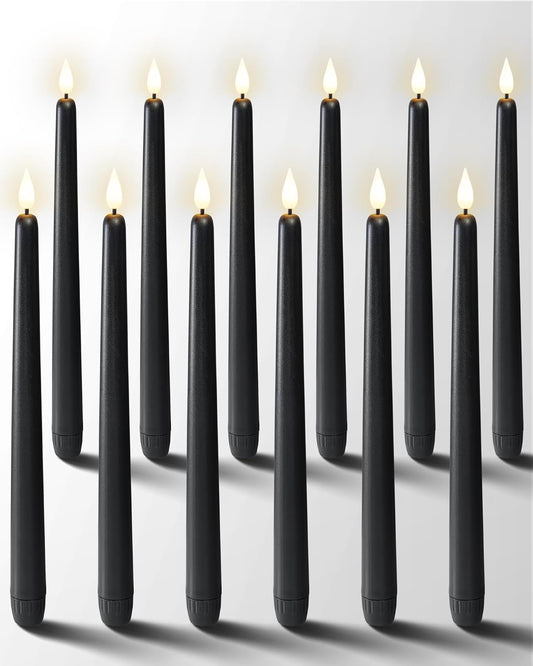 Homemory 12 Pcs Black Flameless Taper Candles Flickering, NO Remote, 11 Inches Taper Candles Battery Operated, Realistic Electric LED Candlesticks Made of Plastic for Halloween Party Home Decor