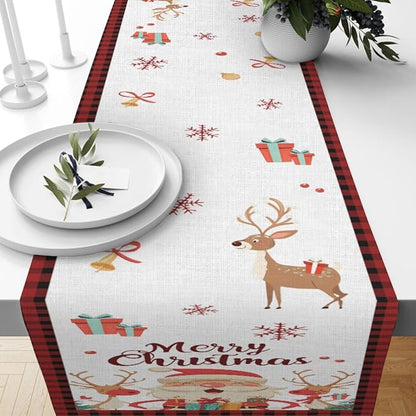 Merry Christmas Table Runner, Santa Claus Elk Snowflake Linen Table Runner - Image 7