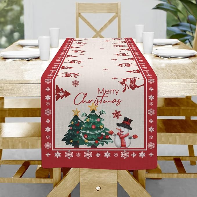 Merry Christmas Table Runner, Snowman Deer Snow Linen Table Runners, Snowflake by Hliyty