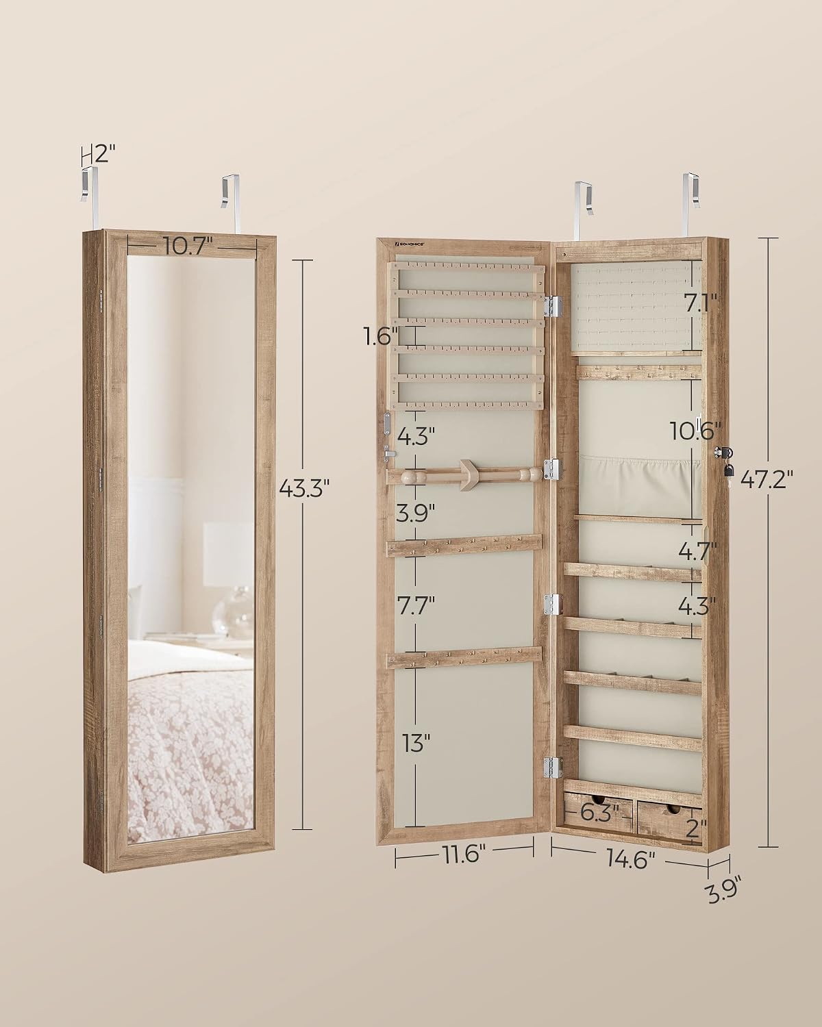 songmics 6 leds mirror jewelry cabinet, 47.2-inch tall, package contents