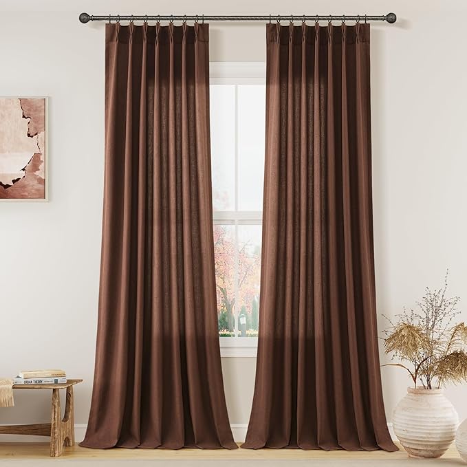 Rustic Brown Pinch Pleated Linen Curtains 102 Inch Length 2 Panels by Aersas