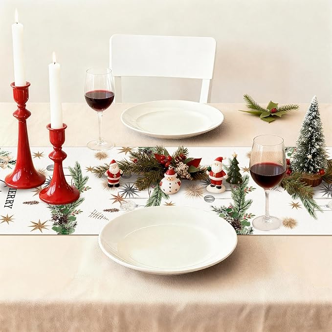 OTOSTAR Xmas Trees Holly Pine Cone Merry Christmas Table Runner, Xmas Seasonal - Image 7