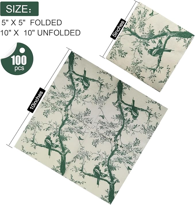 100 Pack Sage Green Paper Cocktail Napkins, Special Birds and Tree Decorative - Image 2