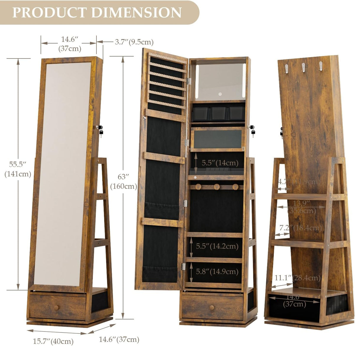 360° swivel full length mirror jewelry cabinet standing showing dimensions
