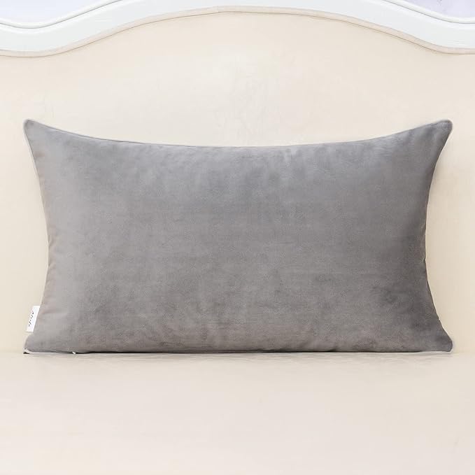 Alerfa 12 x 20 Inch Gray Silver Leather Patchwork Velvet & Polyester Cushion - Image 2