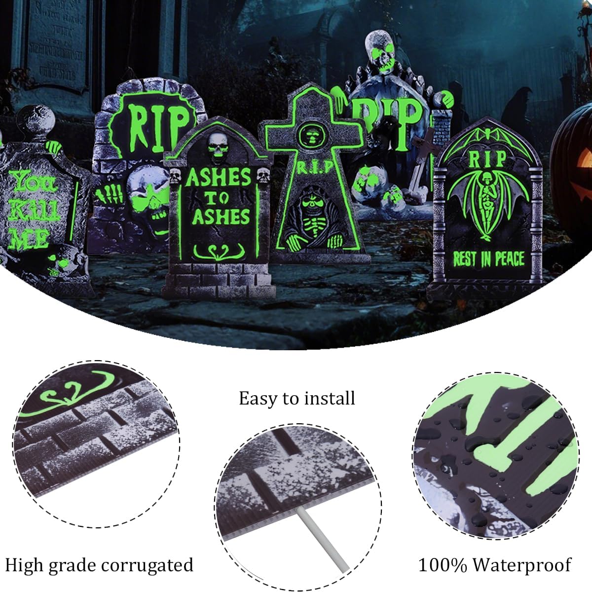 Halloween Decorations Outdoor Tombstone Yard Sign with Stakes 6PCS Glow in the Dark Waterproof Graveyard Tombstones Scary Zombie Theme Halloween Outdoor Decor for Family Home Front Yard Lawn Garden
