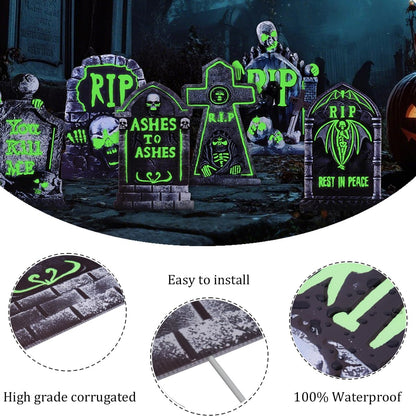 Halloween Decorations Outdoor Tombstone Yard Sign with Stakes 6PCS Glow in the Dark Waterproof Graveyard Tombstones Scary Zombie Theme Halloween Outdoor Decor for Family Home Front Yard Lawn Garden