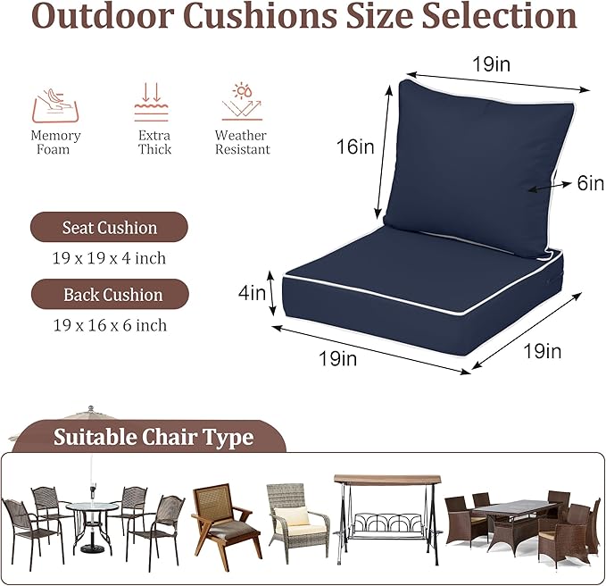Waterproof Outdoor Chair Cushion Set of 2, Outdoor Cushions - Image 2