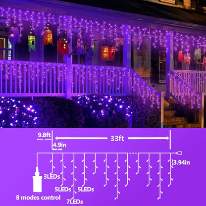 QITONG Purple Halloween Lights, 33ft 400 LED Icicle Lights for Outside Plug in, Clear Wire Connectable String Light Indoor with 8 Modes