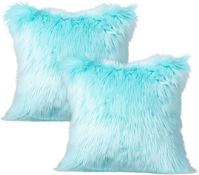 LIGICKY Set of 2 Decorative Teal Fluffy Throw Pillow Cover Faux Fur Shams by LIGICKY