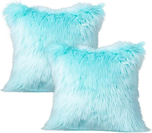 LIGICKY Set of 2 Decorative Teal Fluffy Throw Pillow Cover Faux Fur Shams by LIGICKY