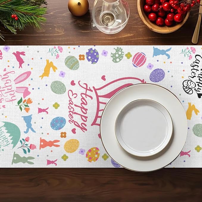Happy Easter Table Runner, Easter Rabbits Linen Farmhouse Table Runners - Image 7