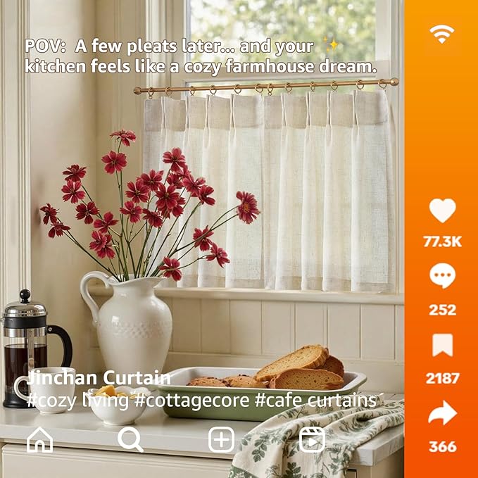 jinchan Linen Pinch Pleated Kitchen Curtains 20 Inch Natural Linen Tier - Image 4