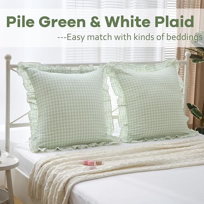 2 Pack Pile Green White Plaid Ruffle Gingham Euro Shams Pillow Covers, 100% - Image 2