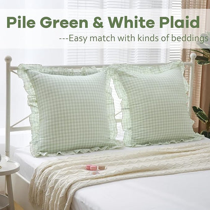 2 Pack Pile Green White Plaid Ruffle Gingham Euro Shams Pillow Covers, 100% - Image 2