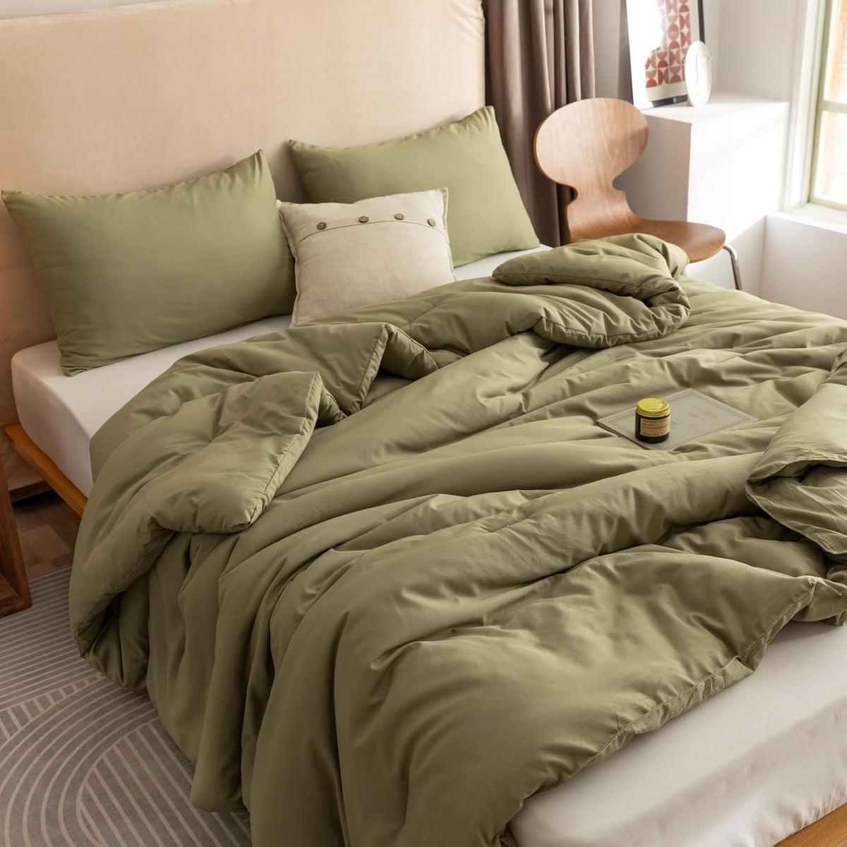 rosgonia queen comforter set olive green, 3pcs bedding, main product view