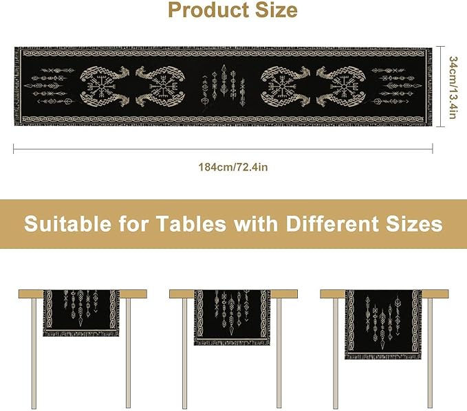 Viking Table Runner, Raven Ancient Rune Dragon Totem Norse Mystical Geometric - Image 7