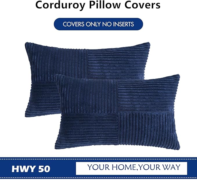 HWY 50 Navy Blue Corduroy Patchwork Throw Pillow Covers 12x20 Inch Rectangle - Image 7