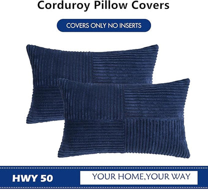 HWY 50 Navy Blue Corduroy Patchwork Throw Pillow Covers 12x20 Inch Rectangle - Image 7