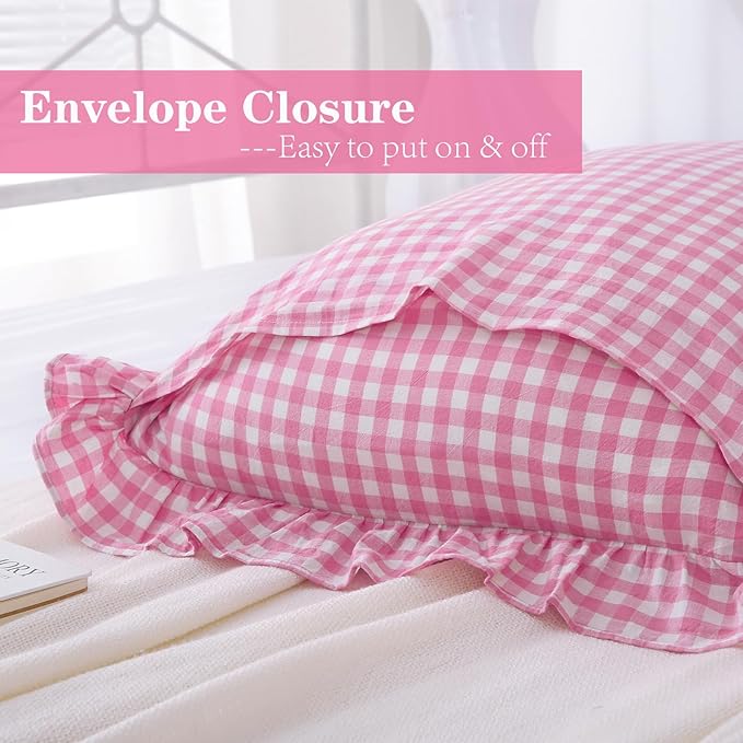 2 Pack Pink White Plaid Ruffle Gingham Standard Pillow Covers, 100% Washed - Image 6