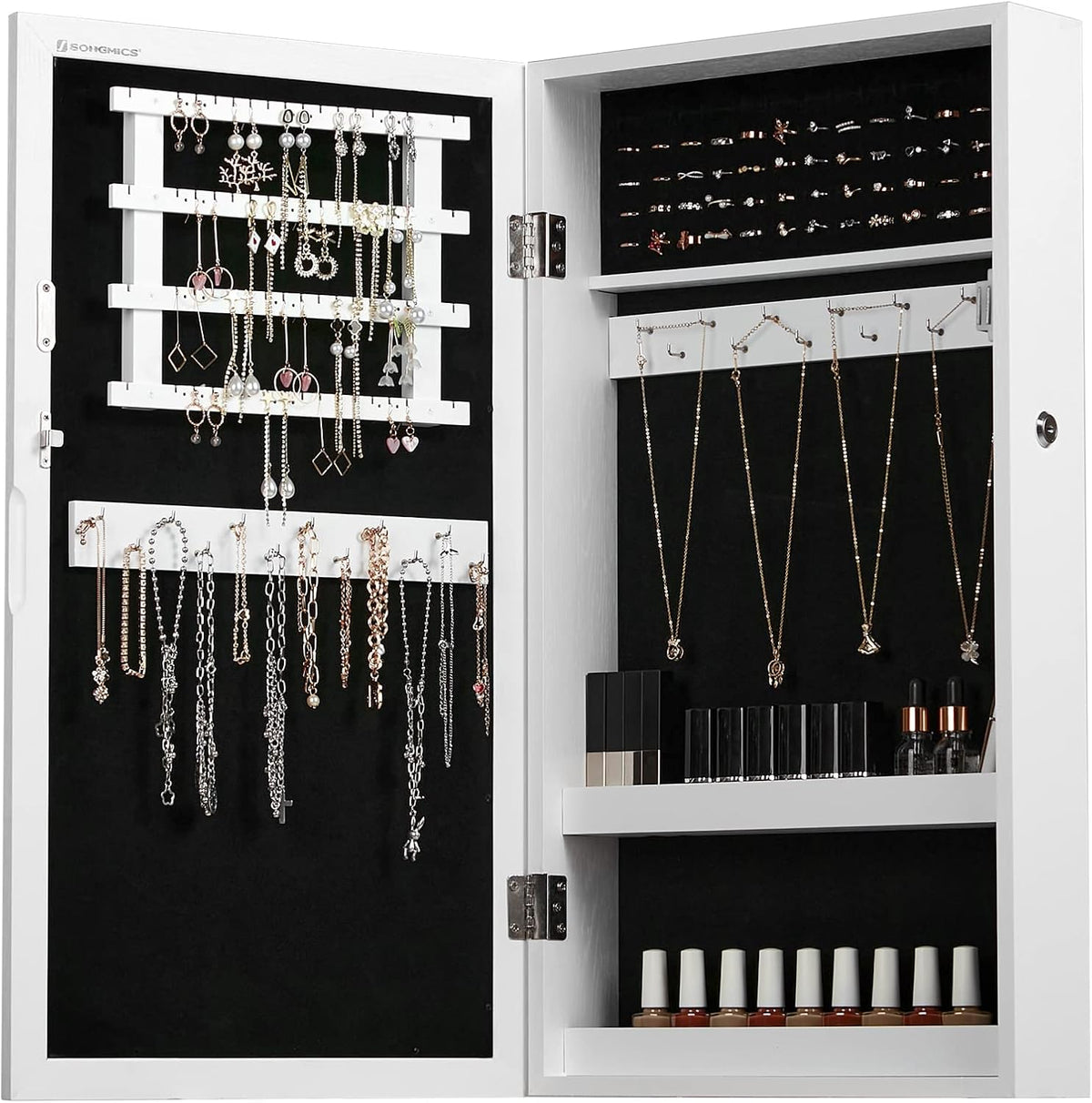 songmics lockable jewelry cabinet armoire with mirror, wall-mounted, front angle view