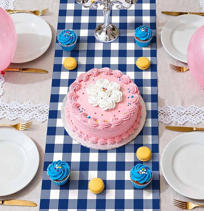 12 Pcs Navy Blue and White Checkered Table Runner Plastic 14 x 108 Disposable - Image 6