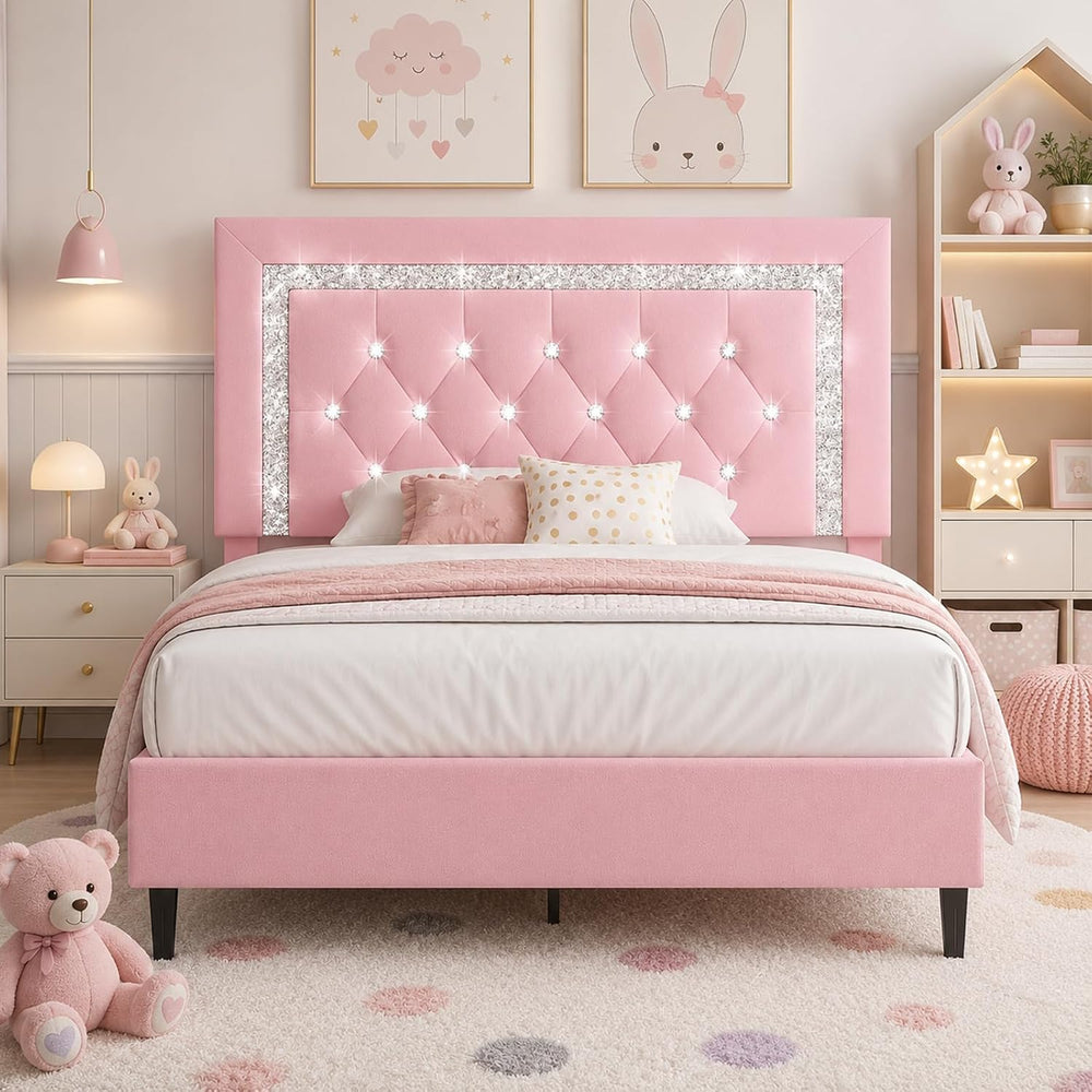 Twin Bed Frame with Tufted Button Headboard, Black