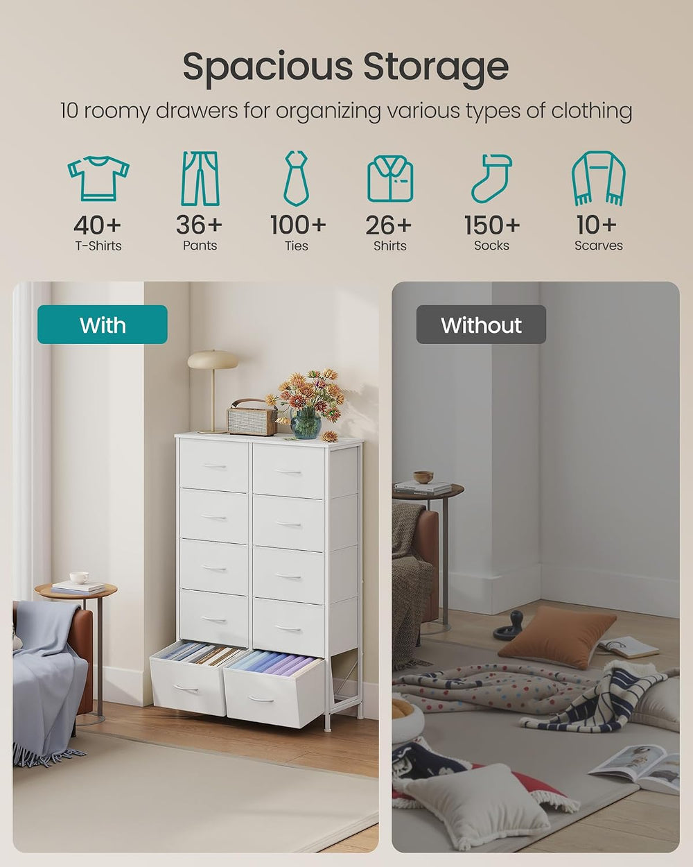 SONGMICS Dresser for Bedroom, Tall Dresser with 10 Fabric Drawers