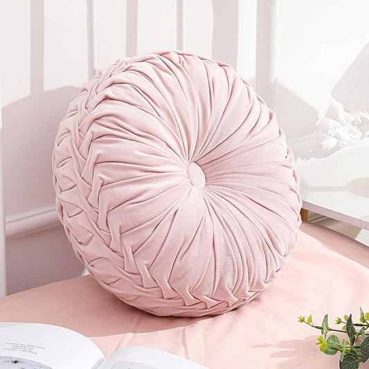 1 Pcs Round Throw Pillows Decorative Velvet Pleated Throw Pillows 15'' Diameter by Drydiet