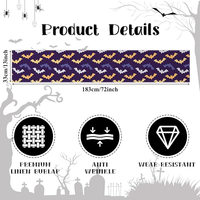Happy Halloween Table Runner Purple Yellow White Bats Seasonal Holidays Indoor - Image 6