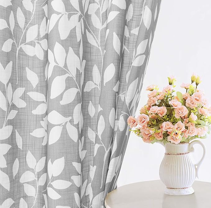White and Grey Curtains for Bedroom 54" Long Leaf Print Curtains for Windows - Image 4