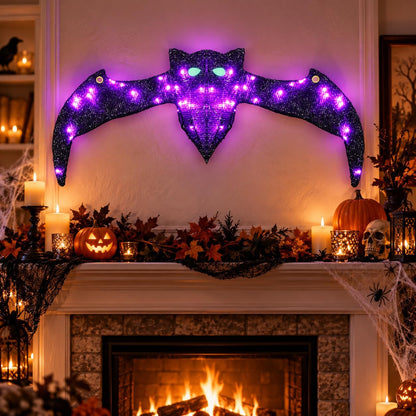 Lighted Hanging Bat Halloween Window Decorations, Large Spooky Glowing Purple LED Bat Halloween Decorations Outdoor Indoor with Auto-Timer, Sparkling Plush & Hooks for Front Porch Window Tree Mantel