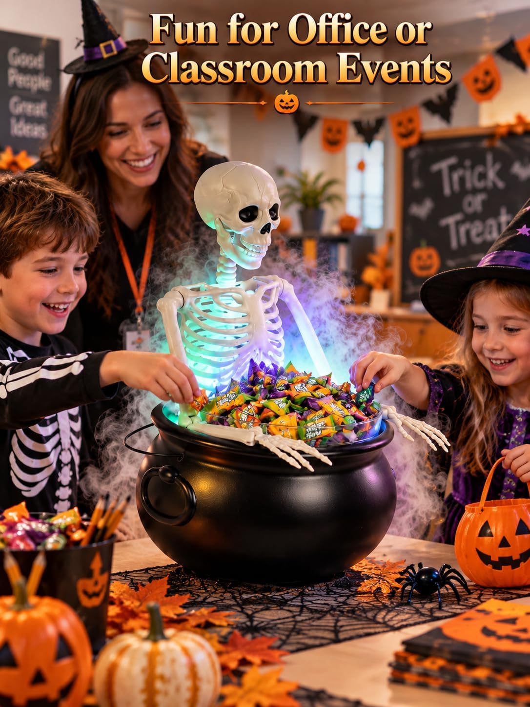 HOMELEX Halloween Cauldron Candy Bowl with Skeleton, LED Mist Maker Decor for Porch Party Table