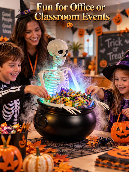 HOMELEX Halloween Cauldron Candy Bowl with Skeleton, LED Mist Maker Decor for Porch Party Table