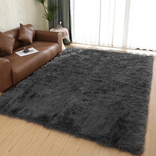 Latepis Living Room Rugs 6x9 Faux Sheepskin Fur Dark Grey Rug by Latepis