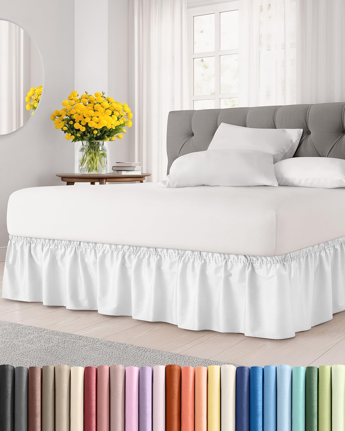 Wrap Around Dust Ruffle Bed Skirt - White - for Queen Size Beds with 15 Inch Drop - Easy Fit Elastic Strap - Adjustable Pleated Bedskirt w/Brushed Fabric - Wrinkle Free - for Women, Men, Kids & Teens