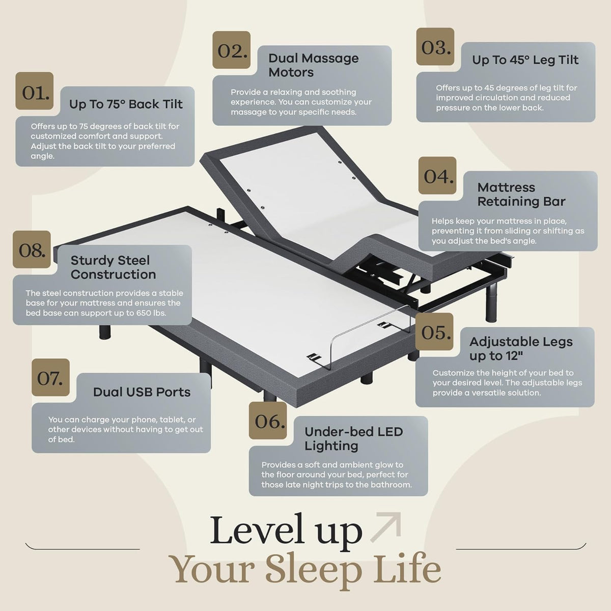 sven & son classic adjustable bed base, head showing dimensions
