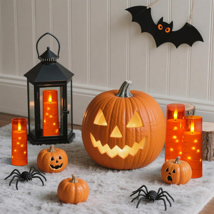 Raycare 9 Pcs Orange Halloween Flameless Pillar Candles with Remote Timer