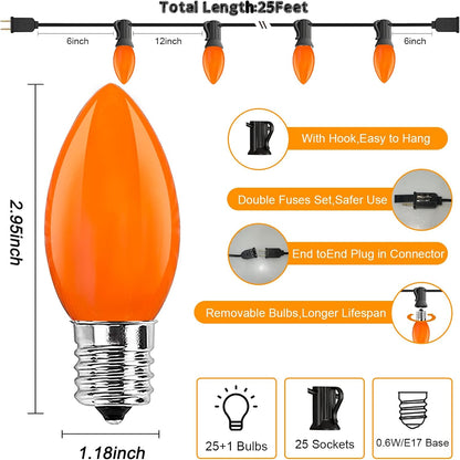 C9 LED Orange Halloween String Lights 25Ft Outdoor Christmas Decorations Lights with 26 LED Shatterproof Orange Bulbs, Hanging Christmas Lights for Outdoor Patio Roofline Backyard Party Garden Lawn