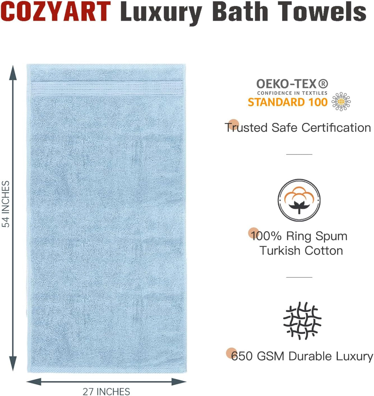 cozyart luxury bath towels 4 pcs, 27x54 650 showing dimensions
