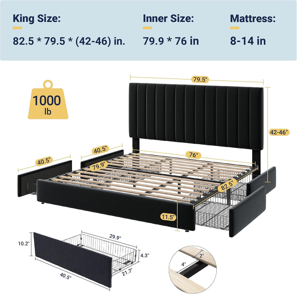 Allewie King Size Storage Bed Frame, Vertical Channel Tufted Adjustable Headb...