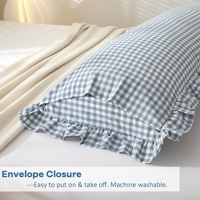 Dust Blue White Plaid Gingham Ruffle Body Pillow Cover, 100% Washed Cotton - Image 5