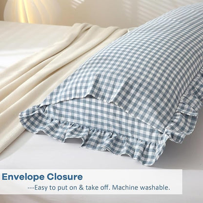 Dust Blue White Plaid Gingham Ruffle Body Pillow Cover, 100% Washed Cotton - Image 5