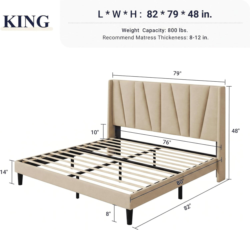 Allewie King Size Platform Linen Bed Frame with Headboard, Beige