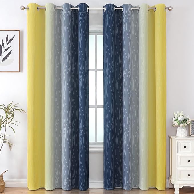Estelar Textiler Navy Blue and Yellow Gradient Blackout Curtains - Image 2