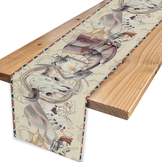 Western Cowboy Table Runner, Watercolor Rustic Country Cowboy American Wild - Image 4