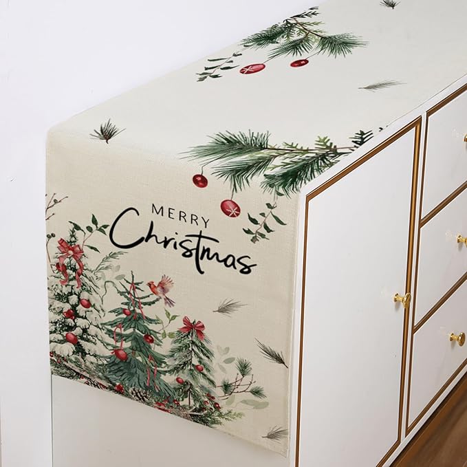 Christmas Trees Cardinal Table Runner 13x72 Inch Merry Christmas Red Bird Cedar - Image 3