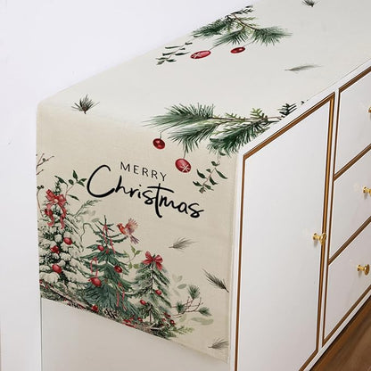 Christmas Trees Cardinal Table Runner 13x72 Inch Merry Christmas Red Bird Cedar - Image 3